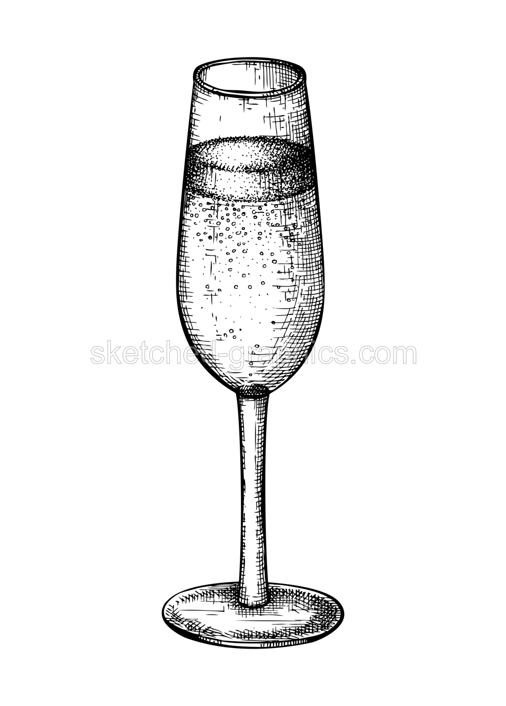 Hand-sketched champagne glass illustration. Vector sketch of the popular drink glassware isolated on white background. Alcoholic drawing of sparkling wine flute for bar or restaurant menu design. Illustration